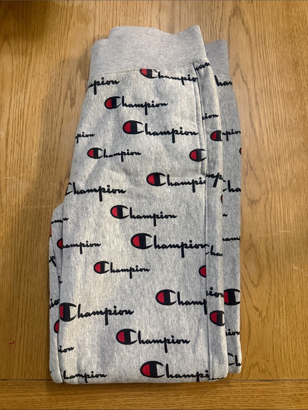 Champion Light Gray Sweatpants with Black and Red Logo Print Never Worn